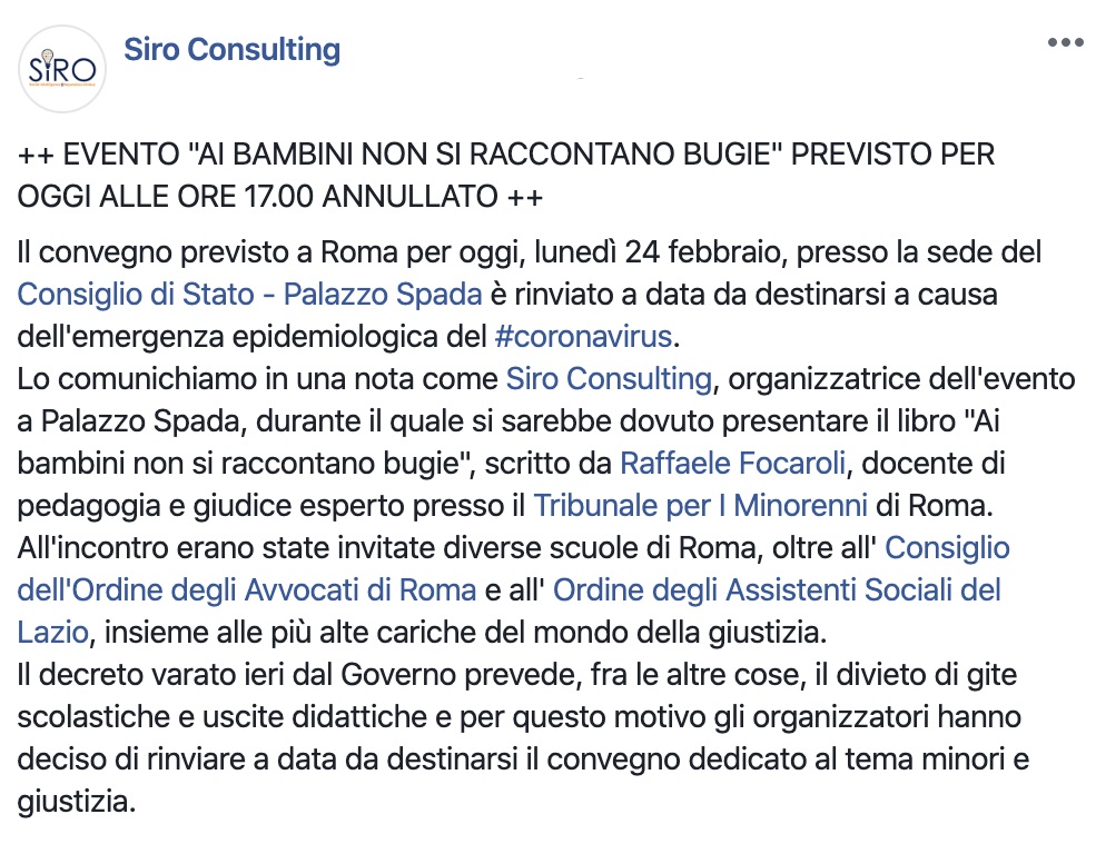 EVENTO "AI BAMBINI NON SI RACCONTANO BUGIE" PREVISTO PER OGGI ALLE ORE 17.00 ANNULLATO 