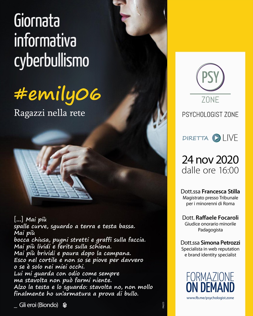 #Emily06, ragazzi nella rete in diretta per Psychologist Zone, martedì 24 il webinar per la giornata informativa sul cyberbullismo