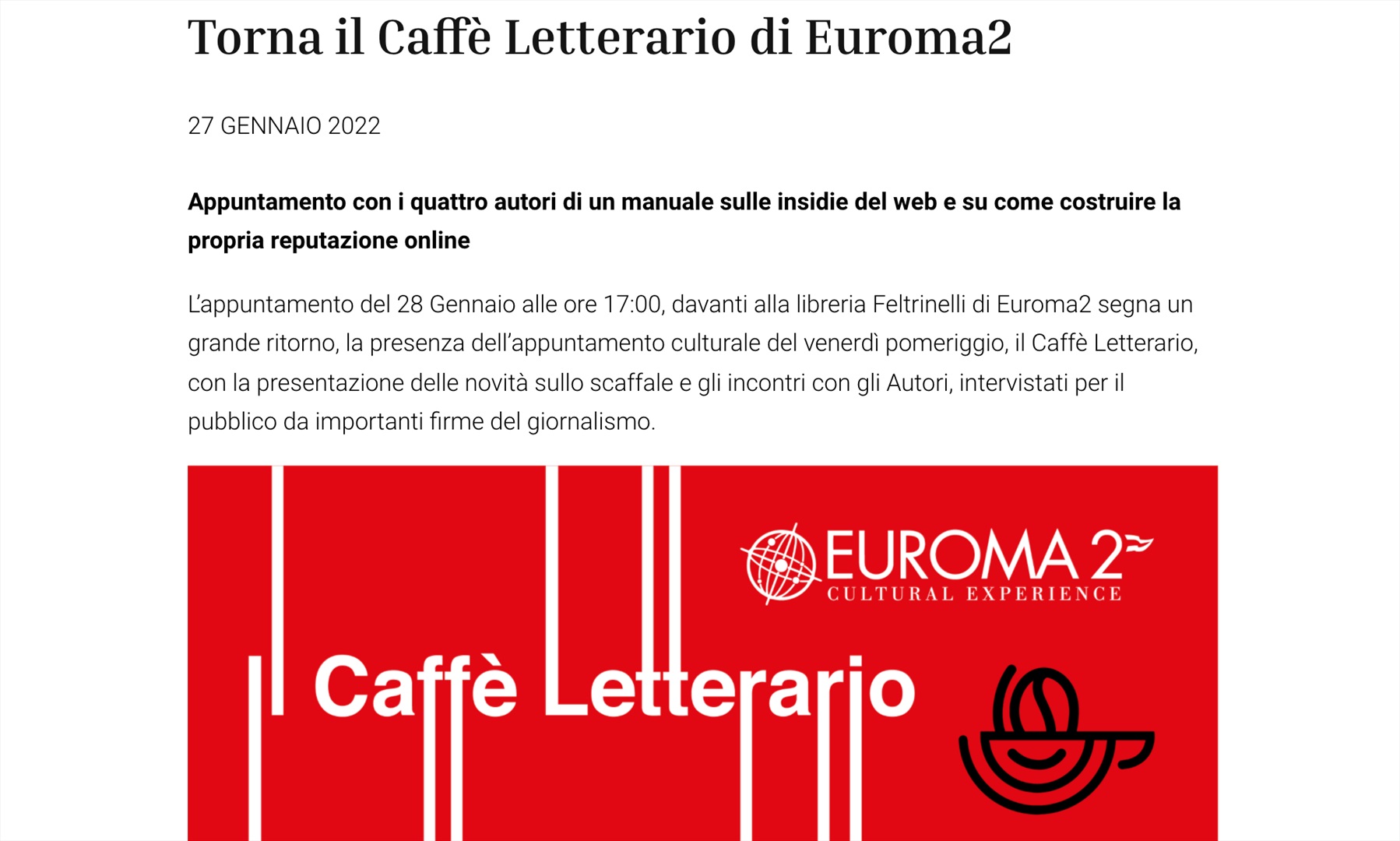 Oggi presentiamo "Web Reputation, crea il tuo successo" al Caffé Letterario di Euroma2